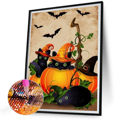 Black Cat And Jack-O-Lantern - Full Round Drill Diamond Painting 30*40CM