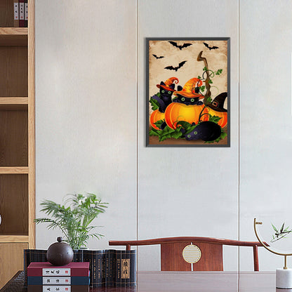 Black Cat And Jack-O-Lantern - Full Round Drill Diamond Painting 30*40CM