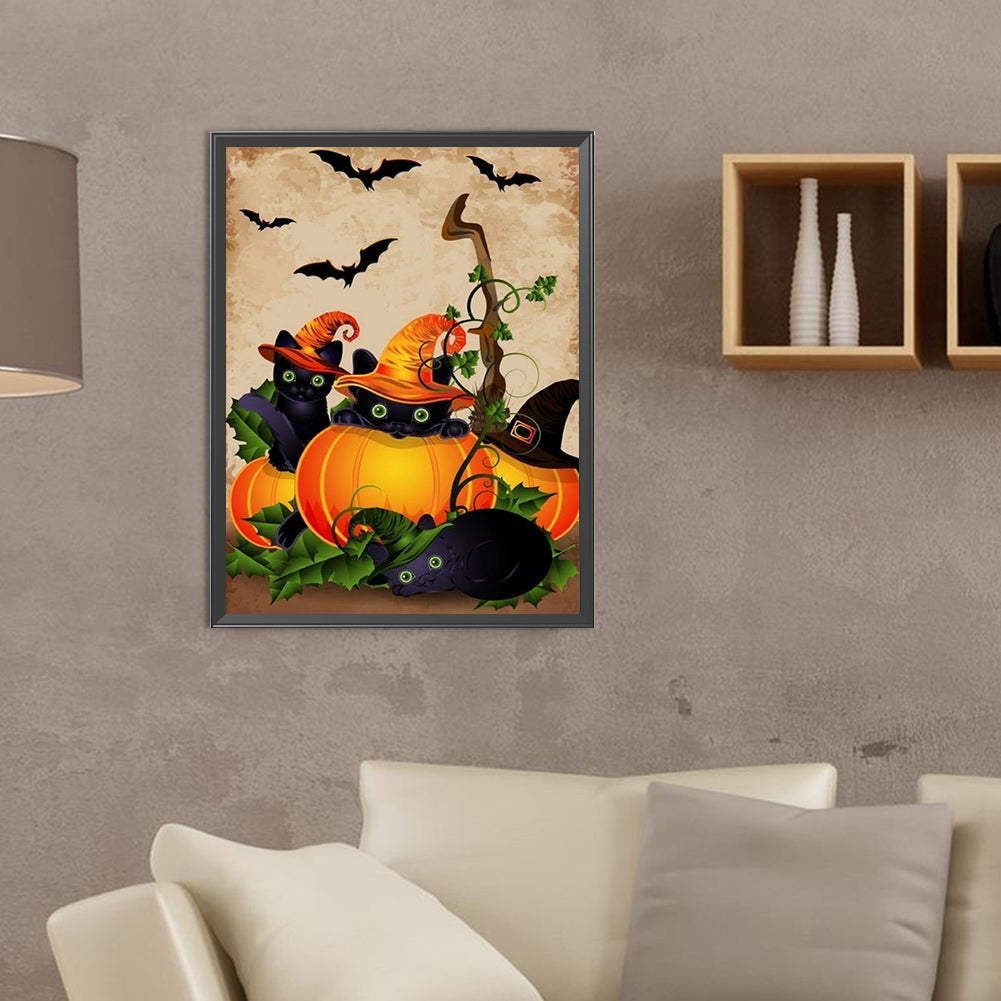 Black Cat And Jack-O-Lantern - Full Round Drill Diamond Painting 30*40CM