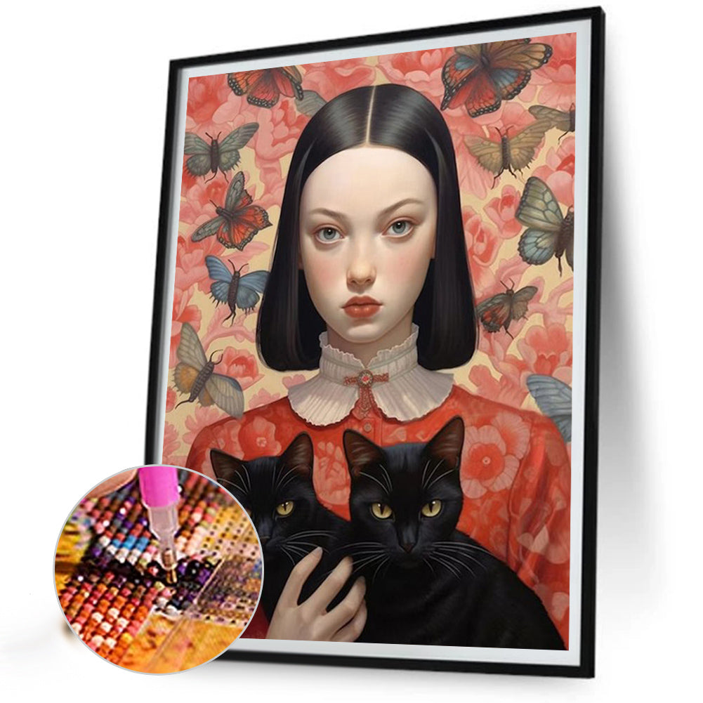 Black Cat Butterfly Girl - Full AB Round Drill Diamond Painting 40*50CM