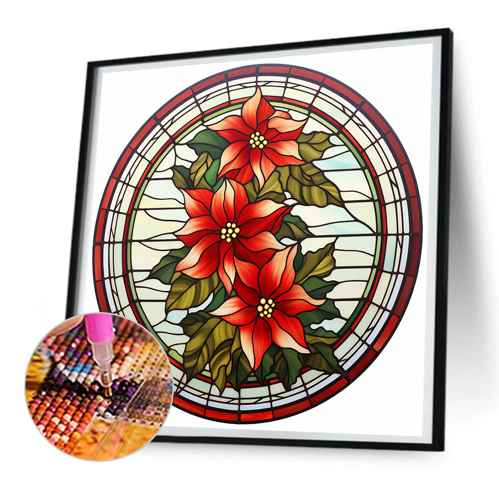 Christmas Red Flower Glass Painting - Full Round Drill Diamond Painting 30*30CM