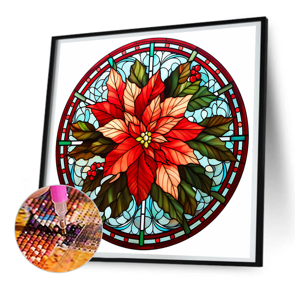 Christmas Red Flower Glass Painting - Full Round Drill Diamond Painting 30*30CM