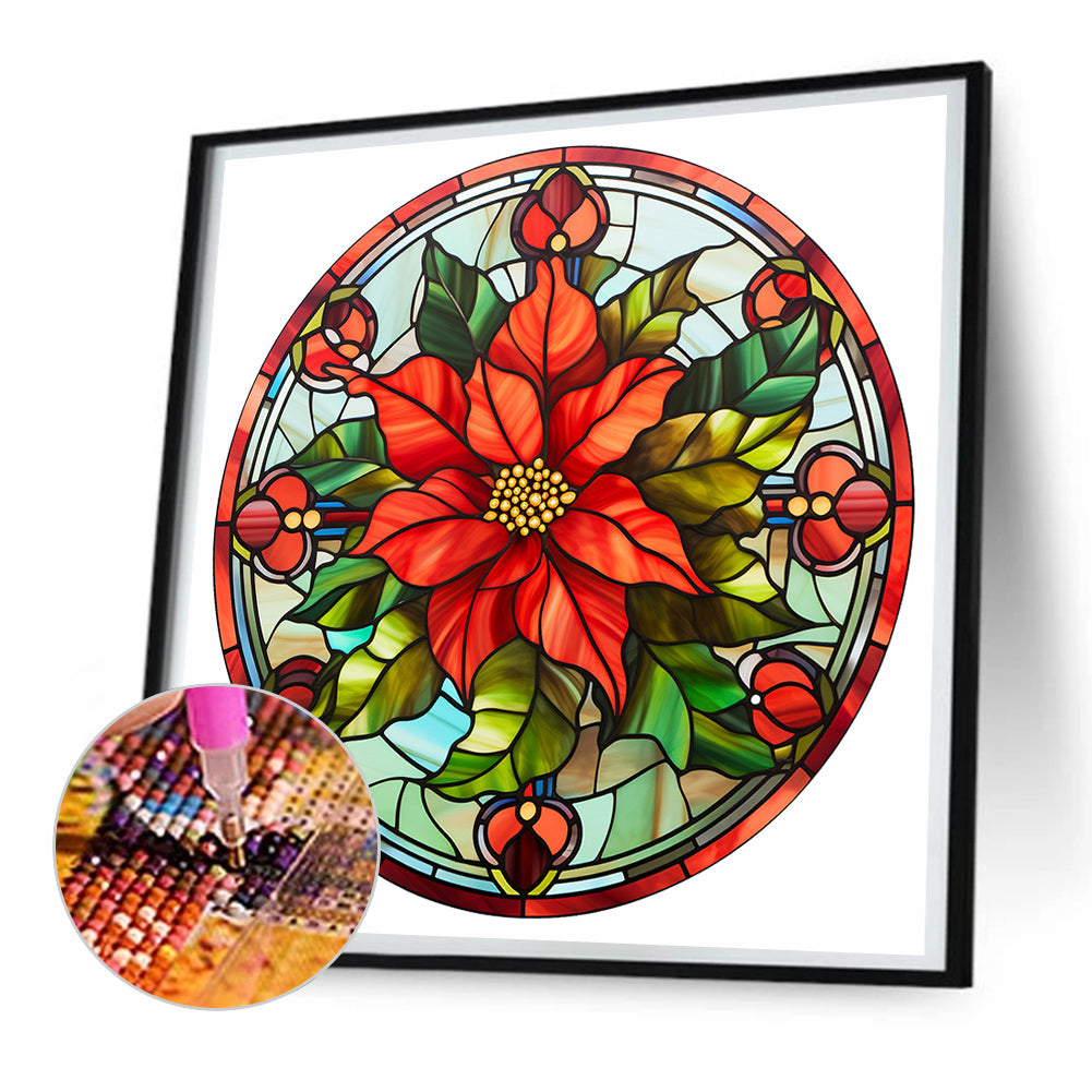 Christmas Red Flower Glass Painting - Full Round Drill Diamond Painting 30*30CM