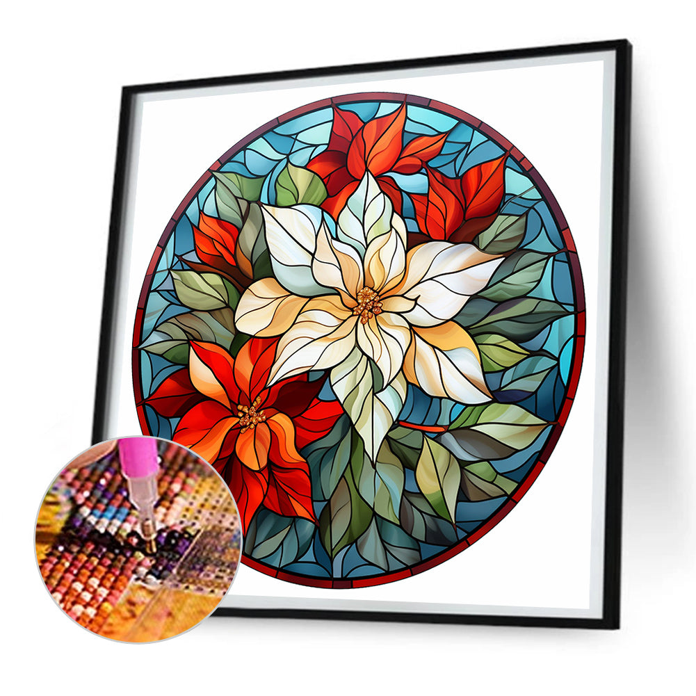 Christmas Red Flower Glass Painting - Full Round Drill Diamond Painting 30*30CM