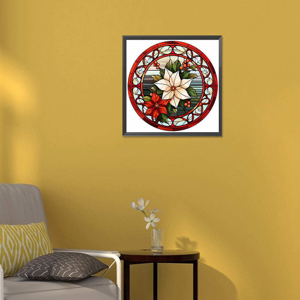 Christmas Red Flower Glass Painting - Full Round Drill Diamond Painting 30*30CM