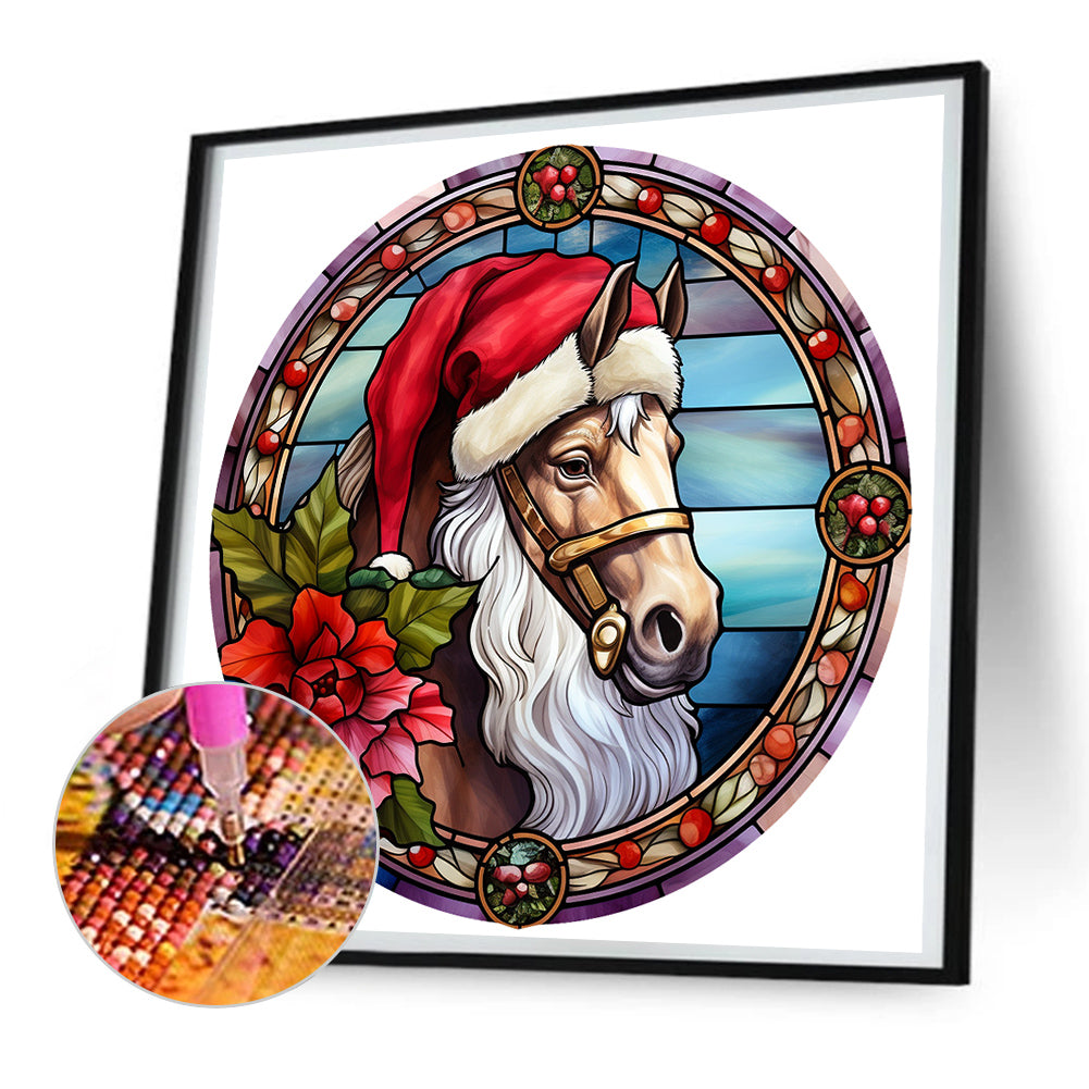 Christmas Red Horse Glass Painting - Full Round Drill Diamond Painting 30*30CM