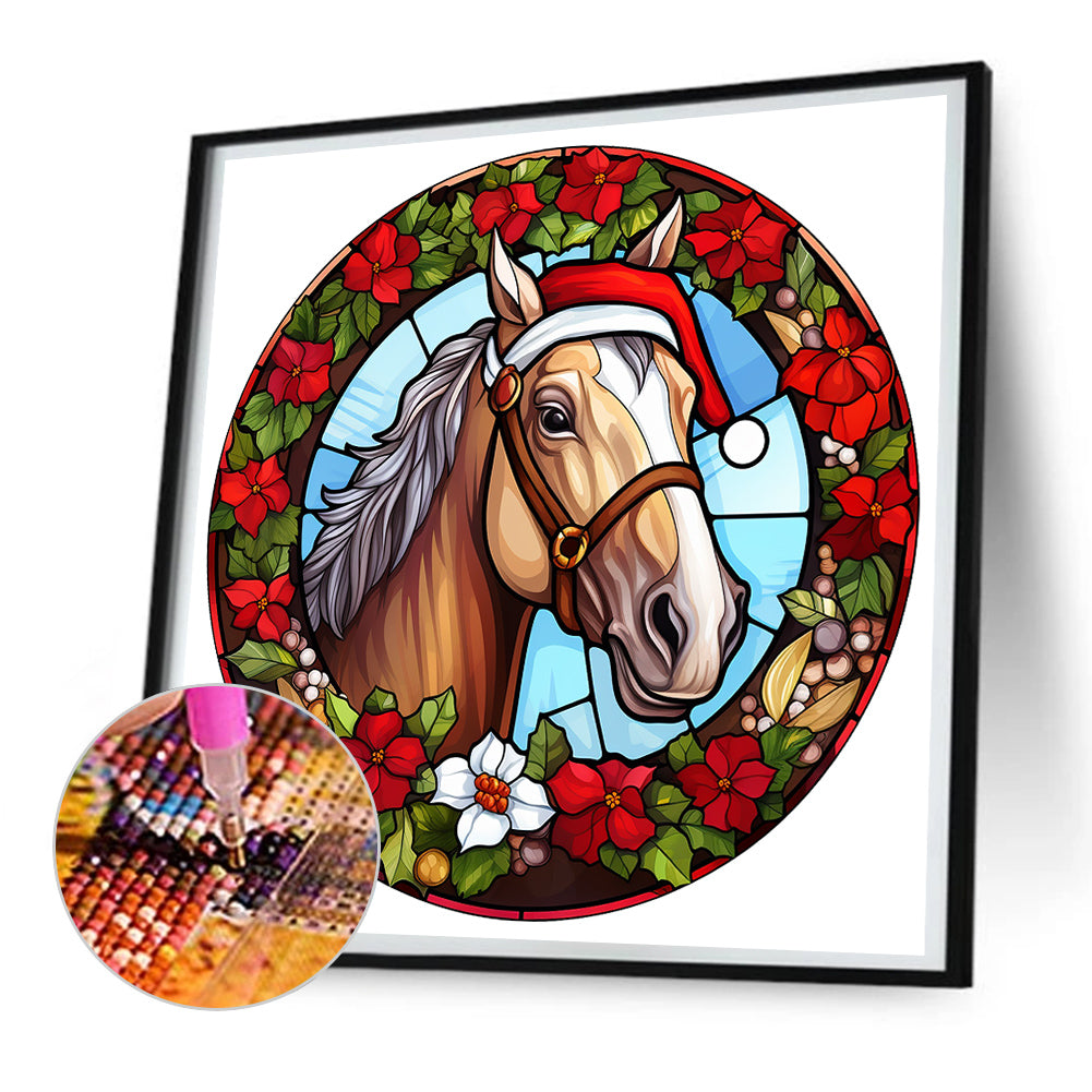 Christmas Red Horse Glass Painting - Full Round Drill Diamond Painting 30*30CM