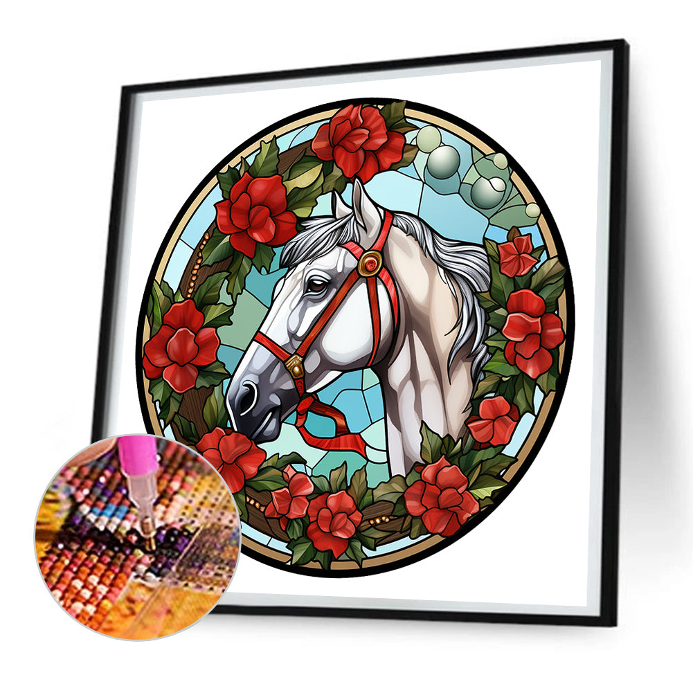 Christmas Red Horse Glass Painting - Full Round Drill Diamond Painting 30*30CM