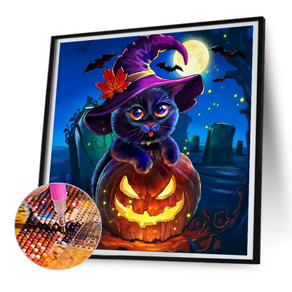 Black Cat And Jack-O-Lantern - Full Round Drill Diamond Painting 30*30CM