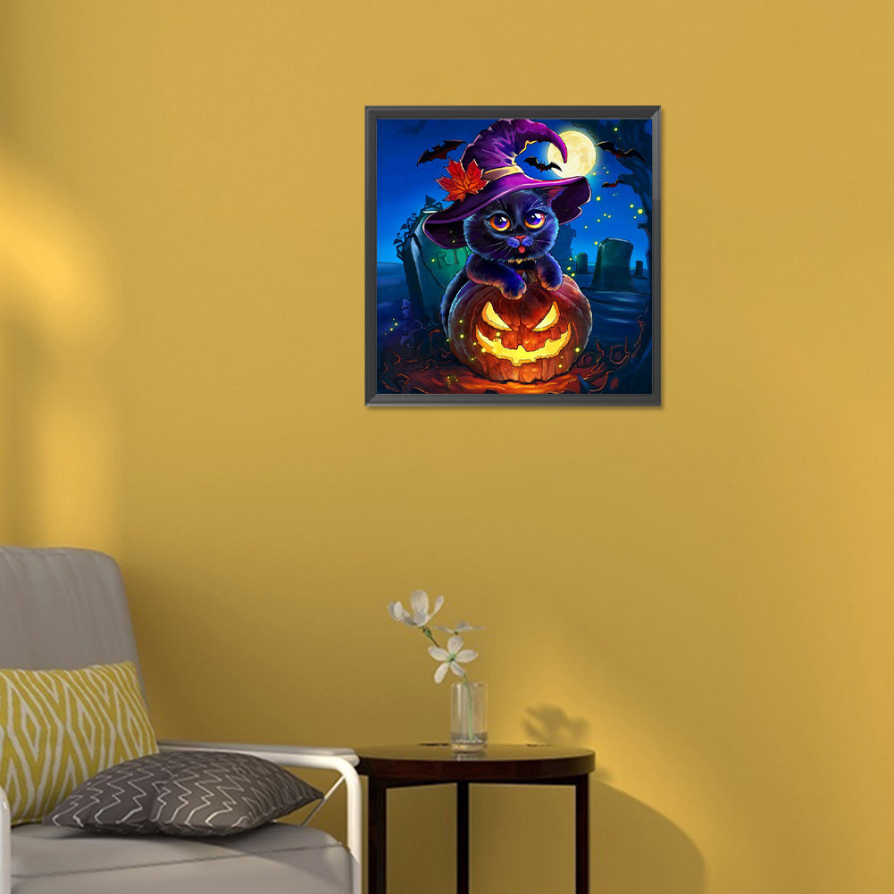 Black Cat And Jack-O-Lantern - Full Round Drill Diamond Painting 30*30CM