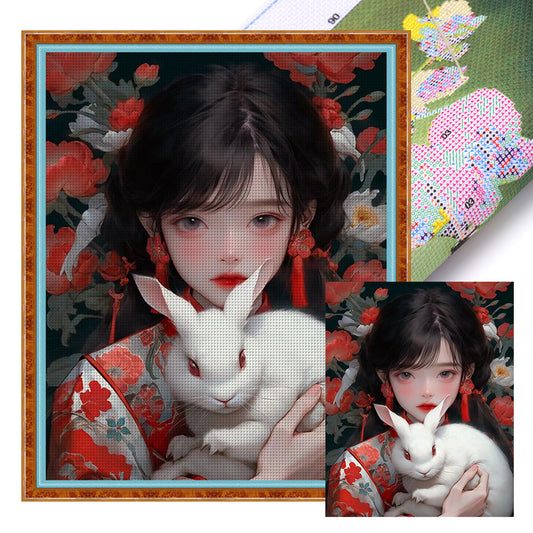 Ancient Style Girl And White Rabbit - 11CT Stamped Cross Stitch 40*50CM