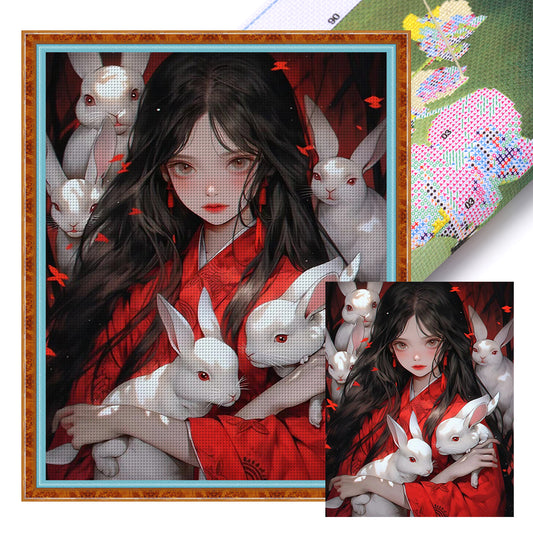 Ancient Style Girl And White Rabbit - 11CT Stamped Cross Stitch 40*50CM