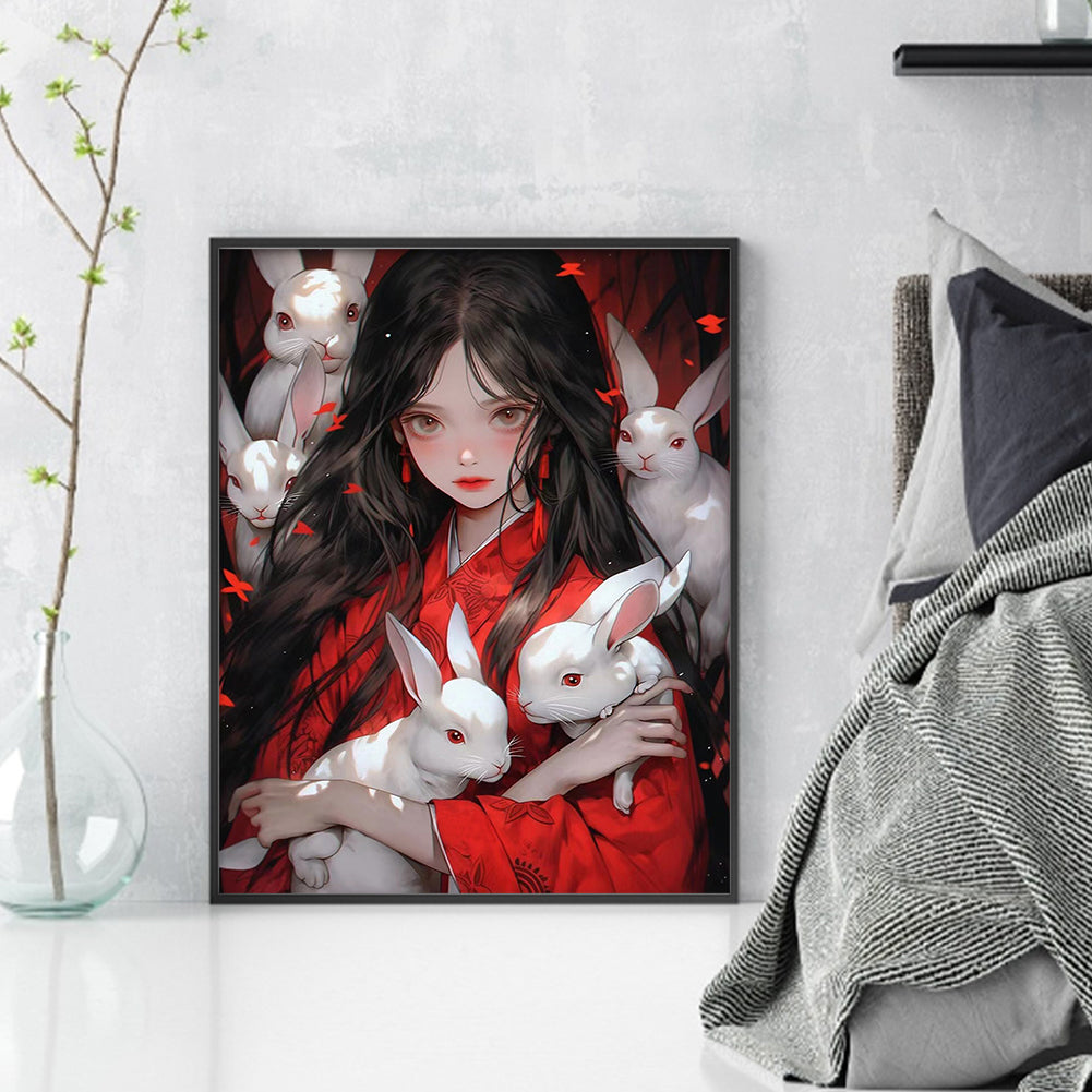 Ancient Style Girl And White Rabbit - 11CT Stamped Cross Stitch 40*50CM