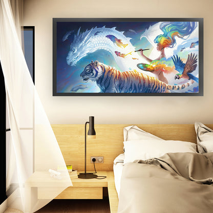 Tiger, Flying Dragon And Woman - 11CT Stamped Cross Stitch 100*50CM