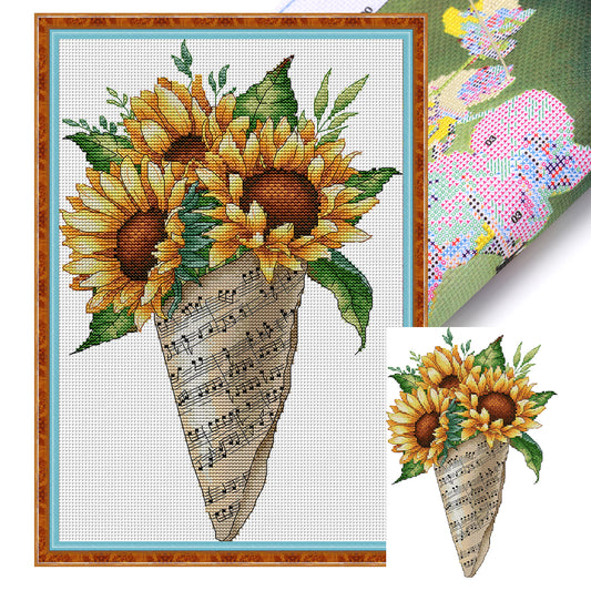Musical Note Bouquet-Sunflower - 14CT Stamped Cross Stitch 26*36CM(Joy Sunday)