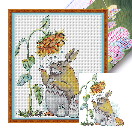 Totoro And Sunflower - 14CT Stamped Cross Stitch 26*29CM(Joy Sunday)