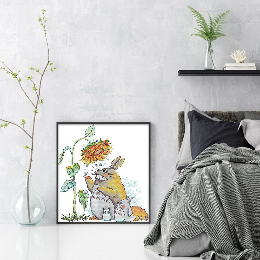 Totoro And Sunflower - 14CT Stamped Cross Stitch 26*29CM(Joy Sunday)