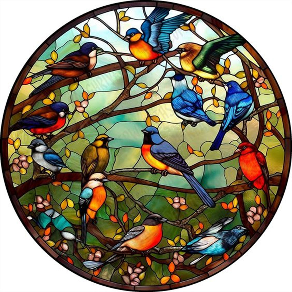 Round Card Birds Singing Flowers - Full Round Drill Diamond Painting 30*30CM
