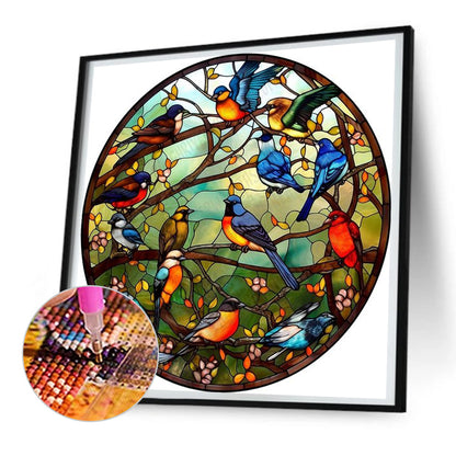 Round Card Birds Singing Flowers - Full Round Drill Diamond Painting 30*30CM