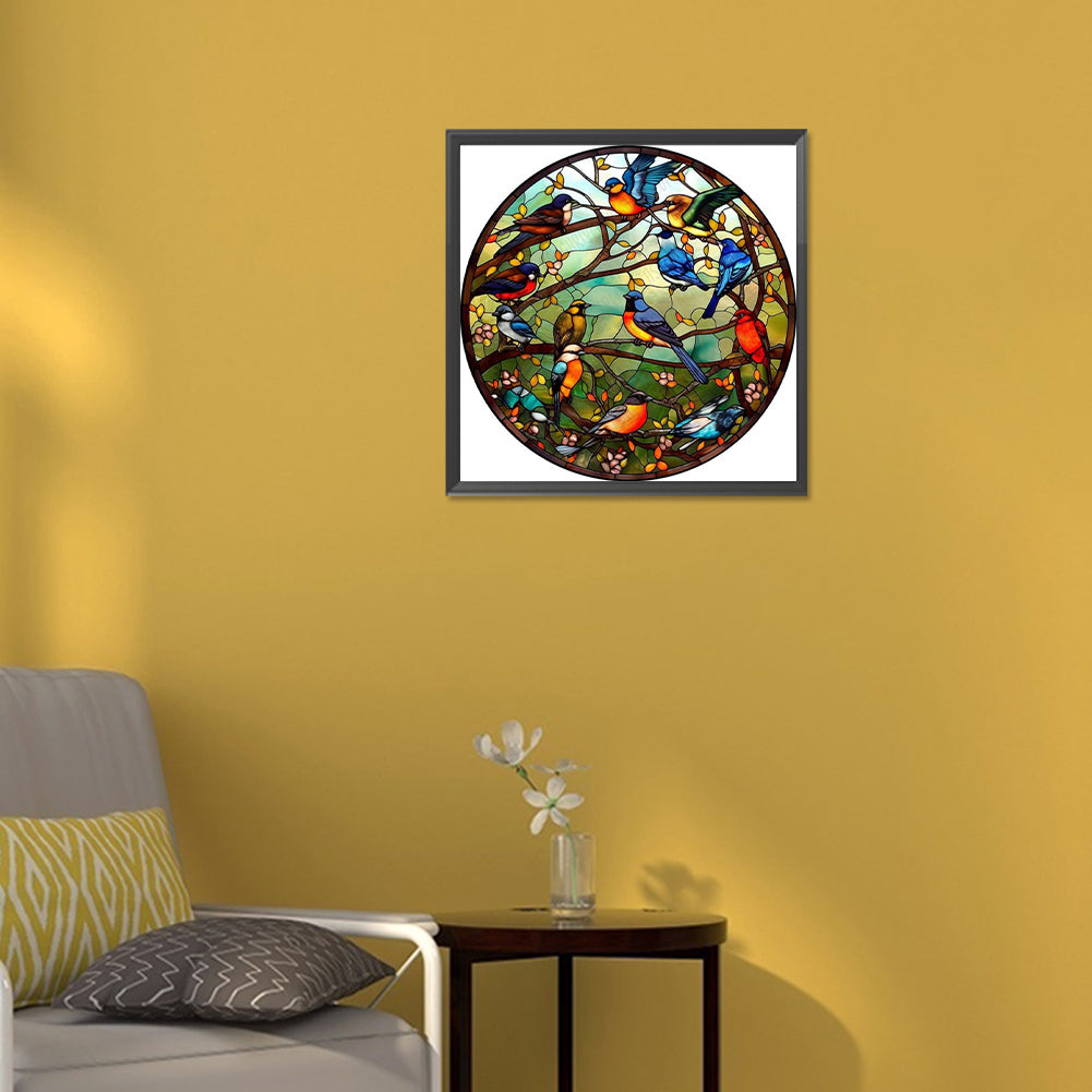 Round Card Birds Singing Flowers - Full Round Drill Diamond Painting 30*30CM