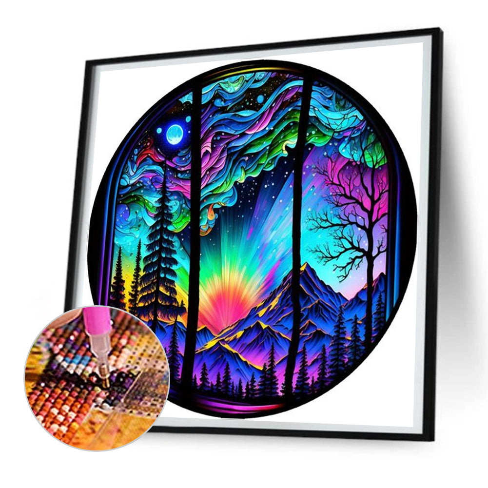 Round Card Aurora Night Scene - Full Round Drill Diamond Painting 30*30CM