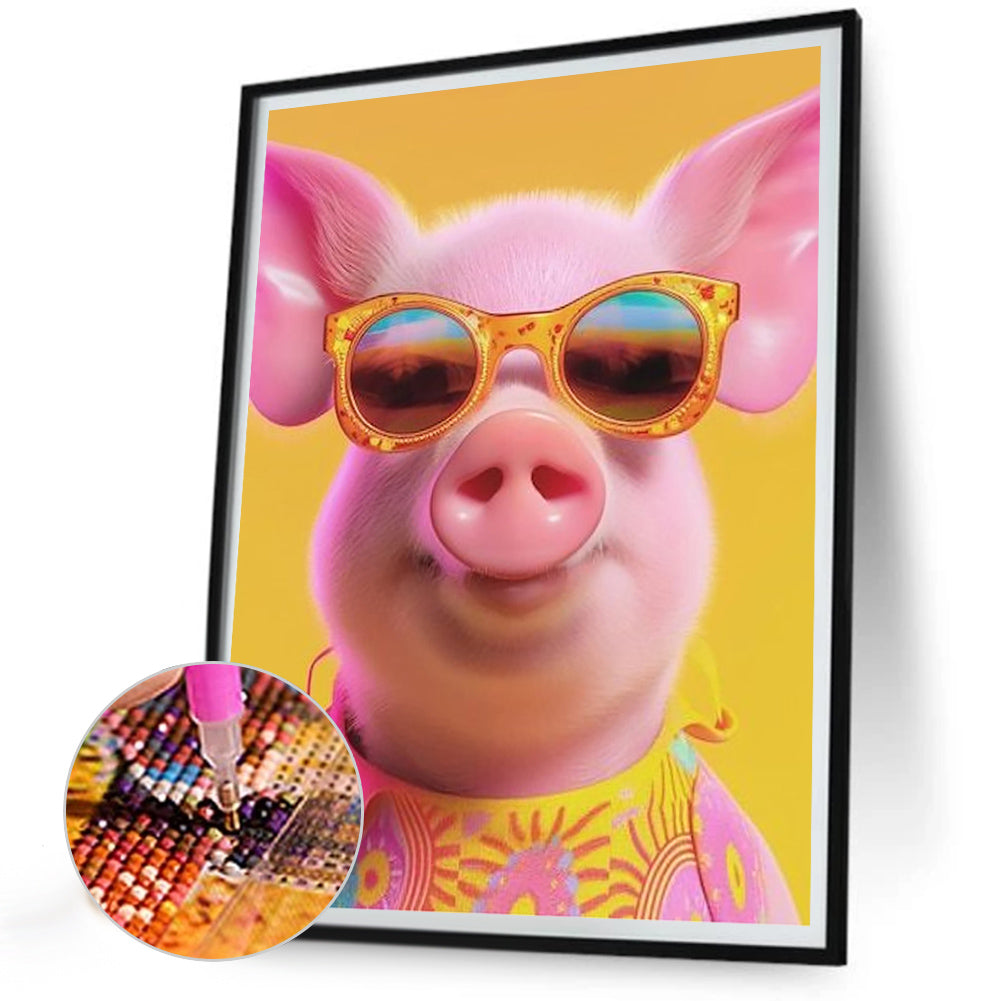 Pig With Glasses - Full Round Drill Diamond Painting 30*40CM