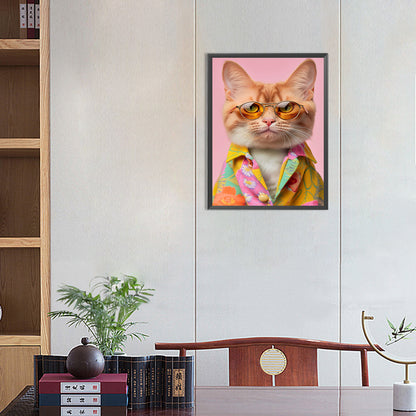 Cat With Glasses - Full Round Drill Diamond Painting 30*40CM