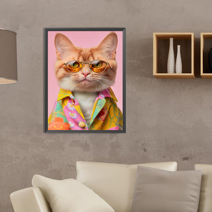 Cat With Glasses - Full Round Drill Diamond Painting 30*40CM