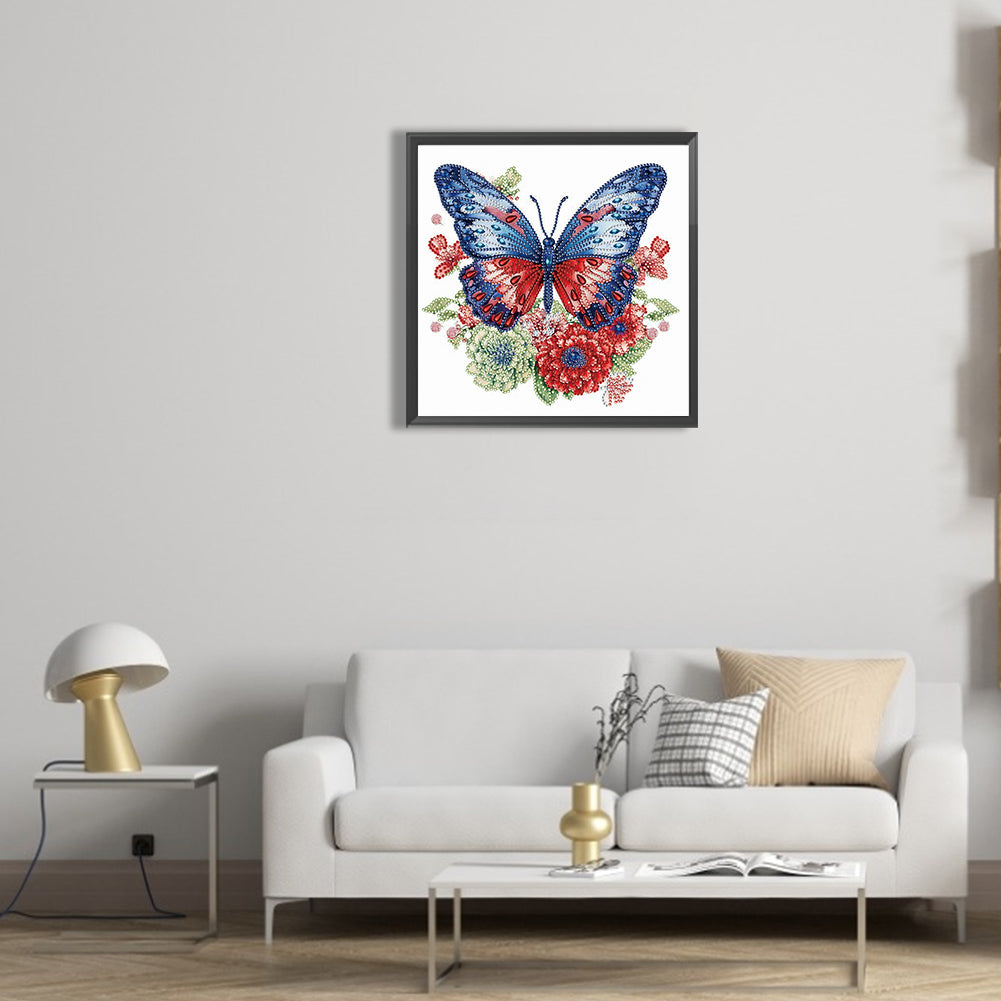 Blue Red Butterfly - Special Shaped Drill Diamond Painting 30*30CM