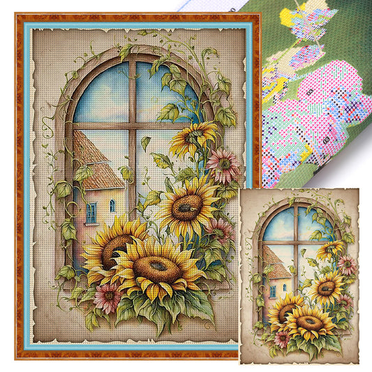 Retro Poster - Sunflowers By The Window - 11CT Stamped Cross Stitch 40*60CM