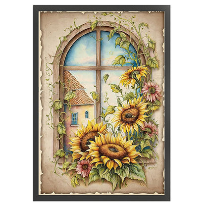 Retro Poster - Sunflowers By The Window - 11CT Stamped Cross Stitch 40*60CM