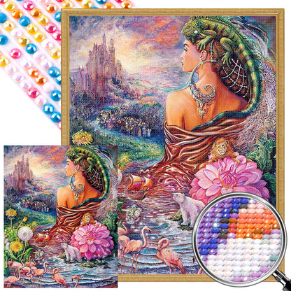 Flamingo Lizard Girl - Full AB Round Drill Diamond Painting 40*50CM