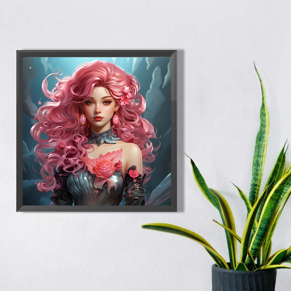 Pink Hair Woman - Full AB Round Drill Diamond Painting 40*40CM