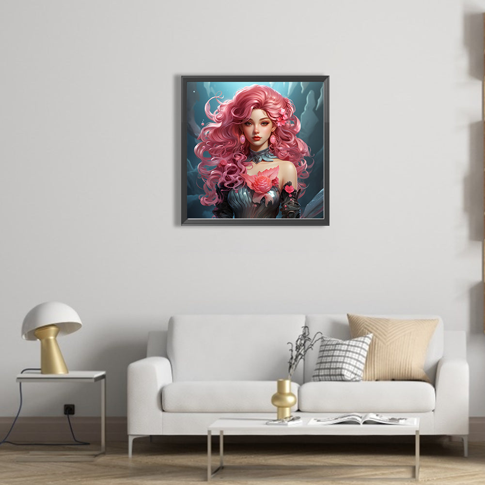 Pink Hair Woman - Full AB Round Drill Diamond Painting 40*40CM