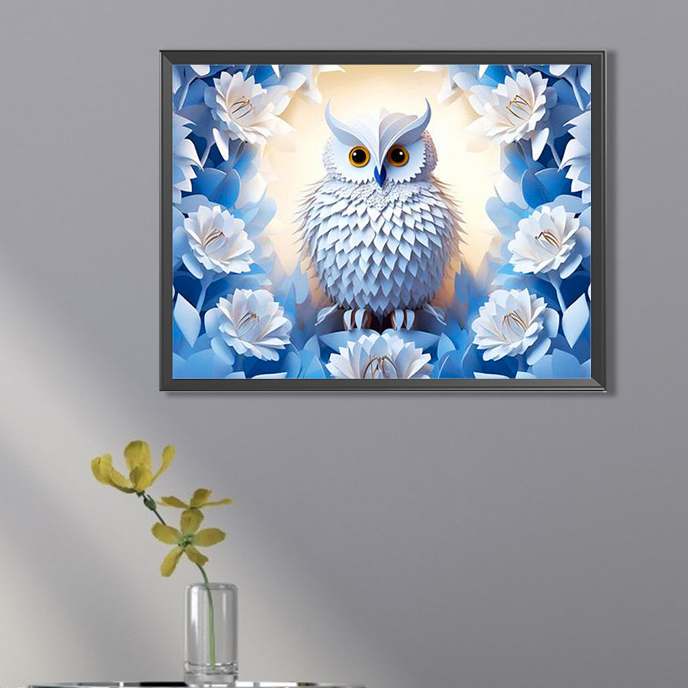 Paper Carved White Owl - Full AB Square Drill Diamond Painting 40*30CM