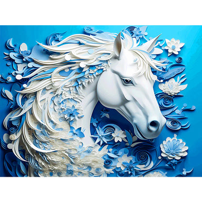 Paper Carved White Horse - Full AB Square Drill Diamond Painting 40*30CM