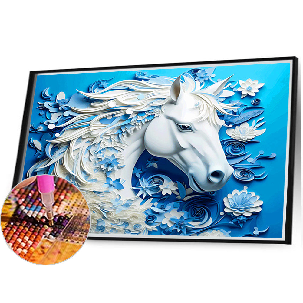 Paper Carved White Horse - Full AB Square Drill Diamond Painting 40*30CM