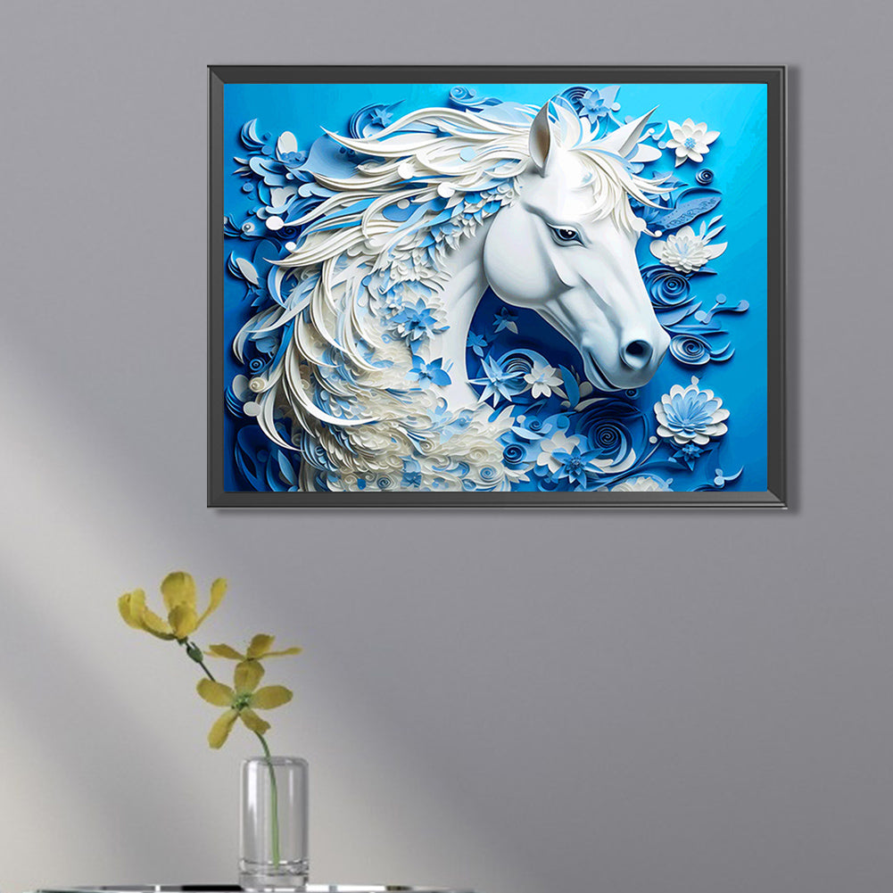 Paper Carved White Horse - Full AB Square Drill Diamond Painting 40*30CM