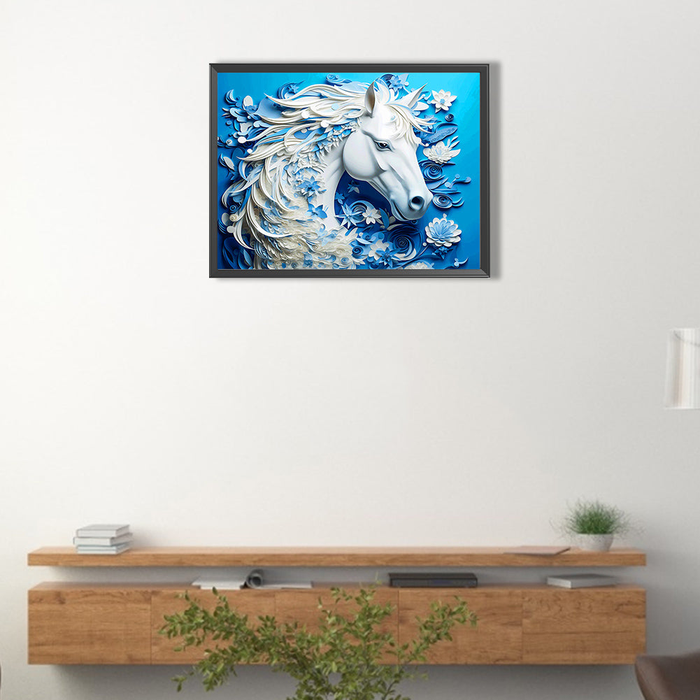 Paper Carved White Horse - Full AB Square Drill Diamond Painting 40*30CM