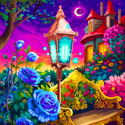 A Corner Of The Street Lamp Under The Castle Blue - Full AB Square Drill Diamond Painting 40*40CM