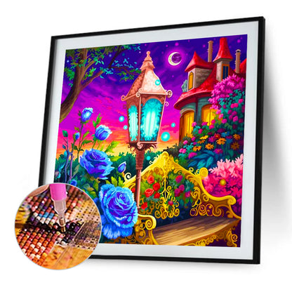 A Corner Of The Street Lamp Under The Castle Blue - Full AB Square Drill Diamond Painting 40*40CM