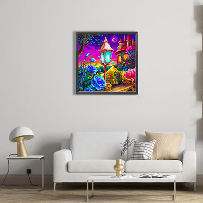 A Corner Of The Street Lamp Under The Castle Blue - Full AB Square Drill Diamond Painting 40*40CM