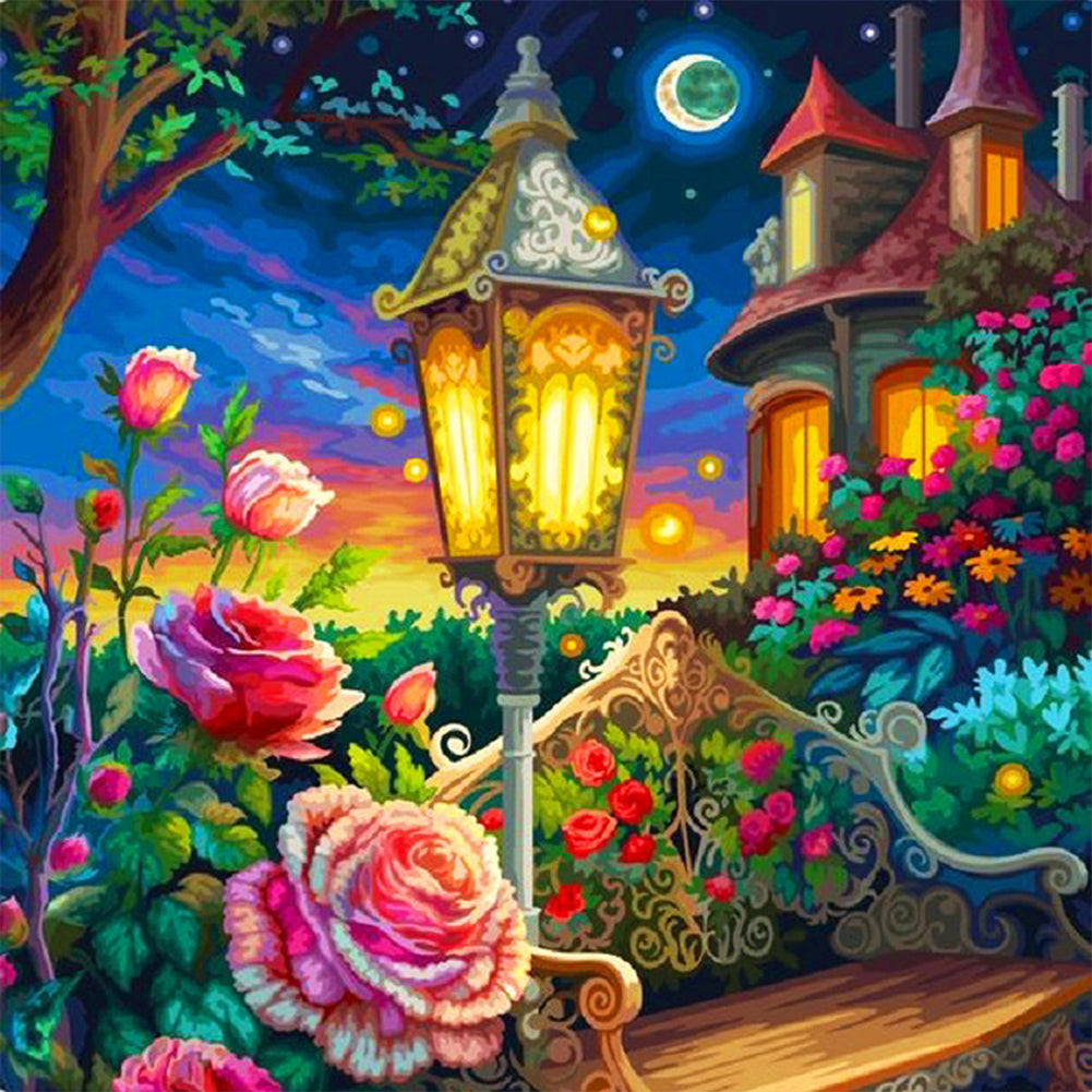 A Corner Of The Street Lamp Under The Castle ¡¤ Powder - Full AB Square Drill Diamond Painting 40*40CM