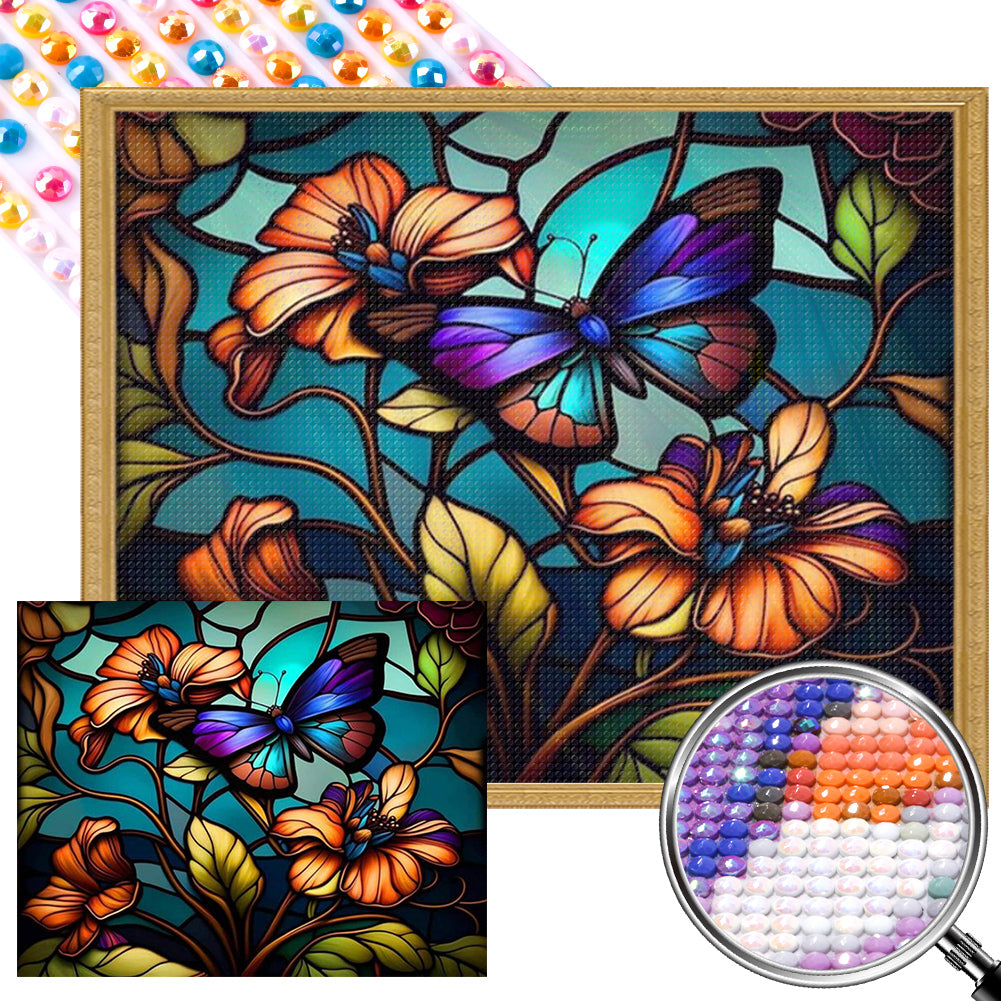 Stained Glass Butterfly - Full AB Round Drill Diamond Painting 50*40CM