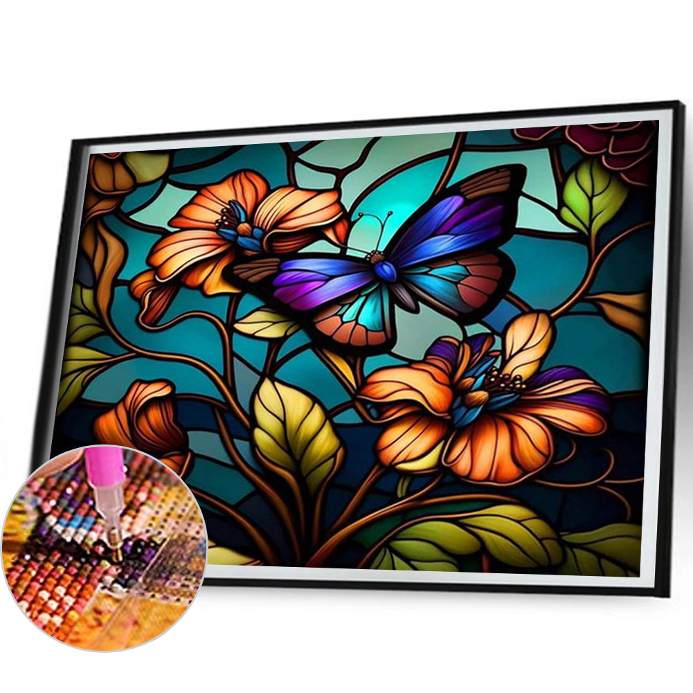 Stained Glass Butterfly - Full AB Round Drill Diamond Painting 50*40CM