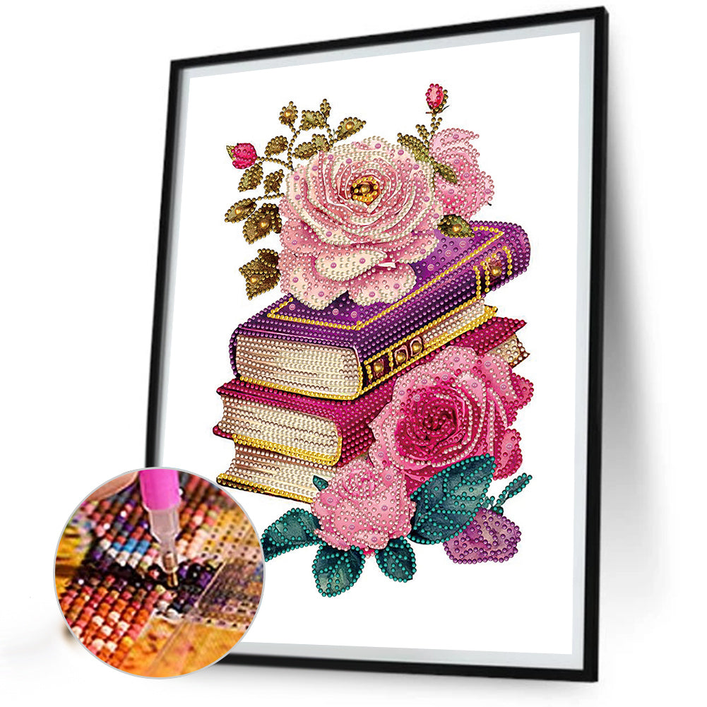 Flowers And Three Books - Special Shaped Drill Diamond Painting 30*40CM