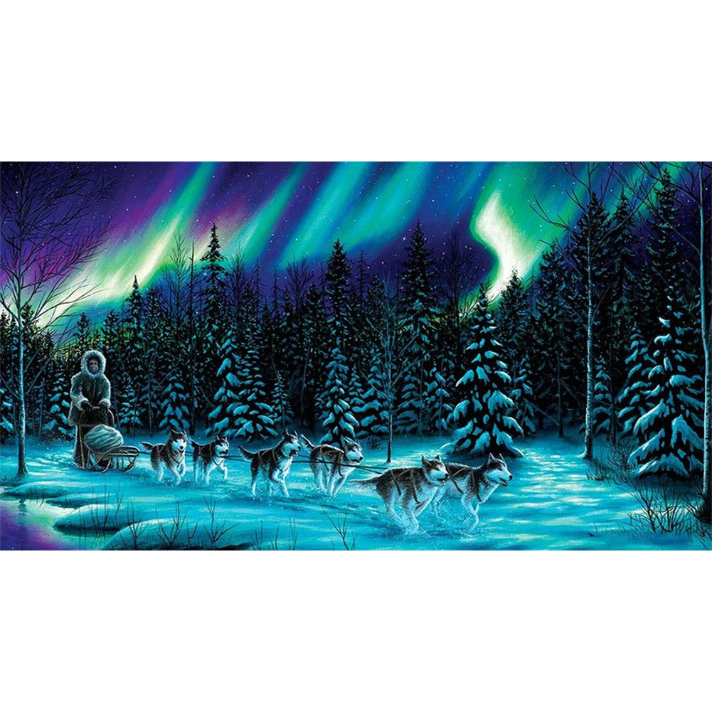 Sledding Under The Aurora - Full AB Round Drill Diamond Painting 30*55CM