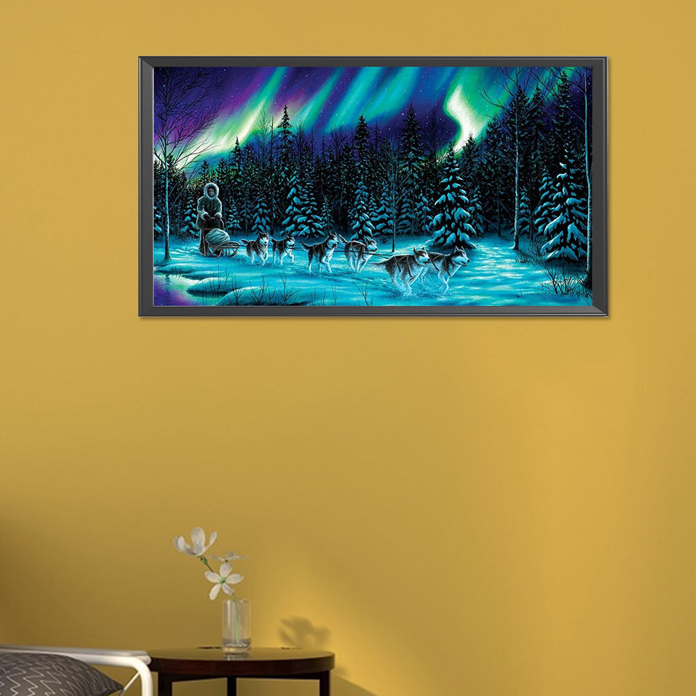 Sledding Under The Aurora - Full AB Round Drill Diamond Painting 30*55CM