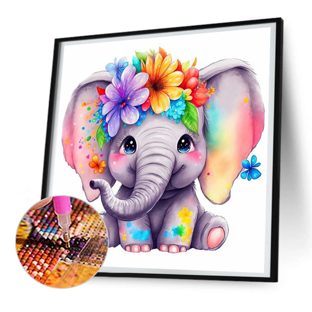 Elephant With Flowers - Full Round Drill Diamond Painting 30*30CM