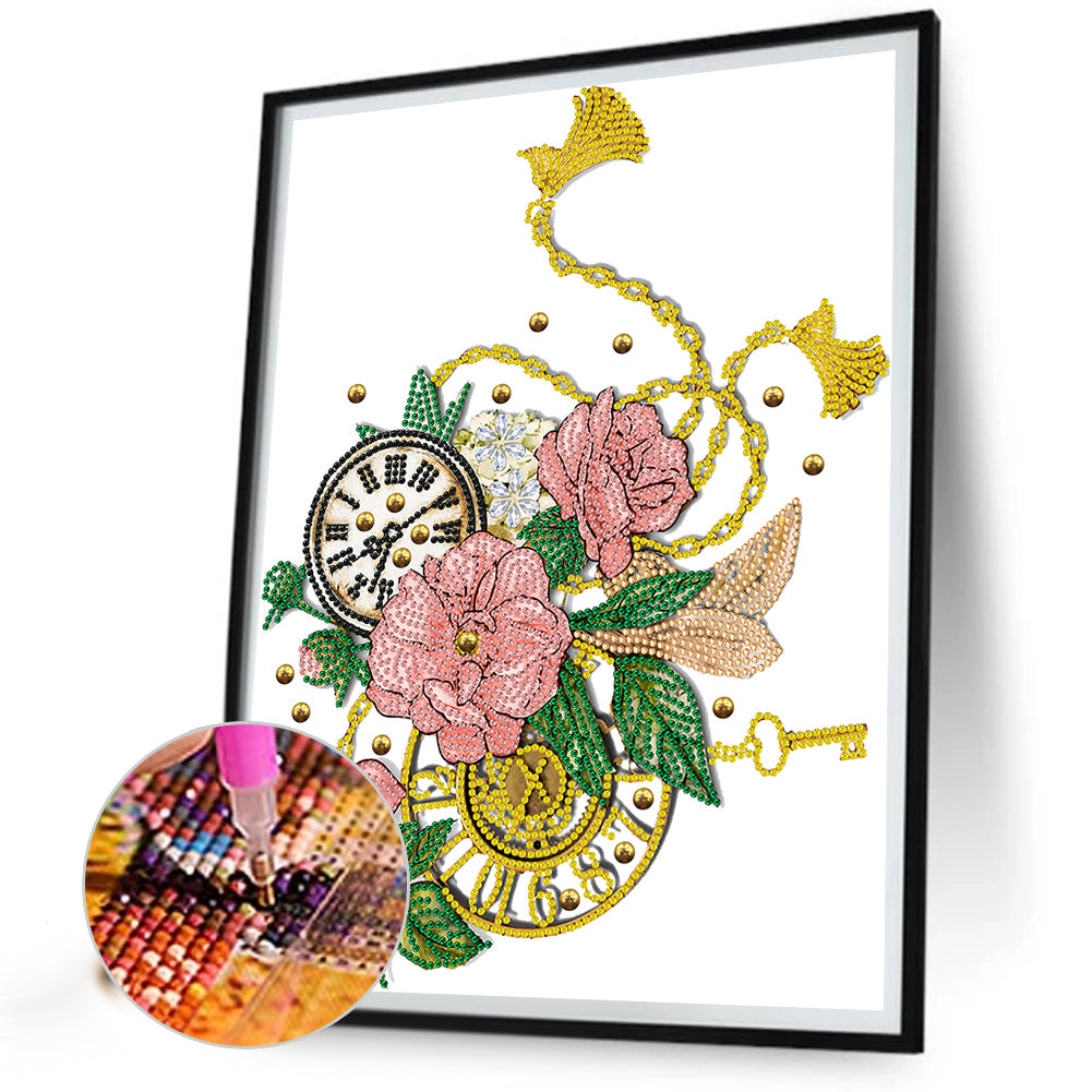 Flowers And Pocket Watches -  Special Shaped Drill Diamond Painting 30*30CM